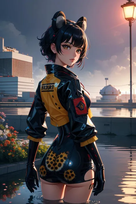 1girl, (designed by Raynald Leclerc:0.9) , messy art, 8k Cinematic still, good-looking, full shot of a Tedious Rubbery ([Cheetah|Beehive]:1.3) , Selfish Water treatment plant in background, Red flora and city, Foggy, Panorama, Visual novel, Dark, Cyber Noir, waning light, 35mm, Fujifilm Superia, dark rainbow and electric indigo splash, Temari, Pixabay, Unsplash, fauna, moody