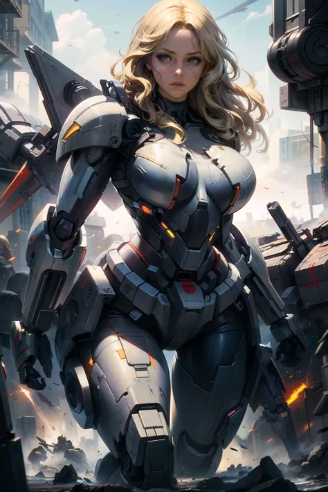 realistic, high quality, (masterpiece: 1.2), extremely read, absurd, solo woman,(mecha suit,) ,(long blonde hair),blue eyes, , extremely design bright and shiny, looking at the viewer,(battlefield:1.3),vertical,8k,4k,<lora:edgMechaSuit:1>