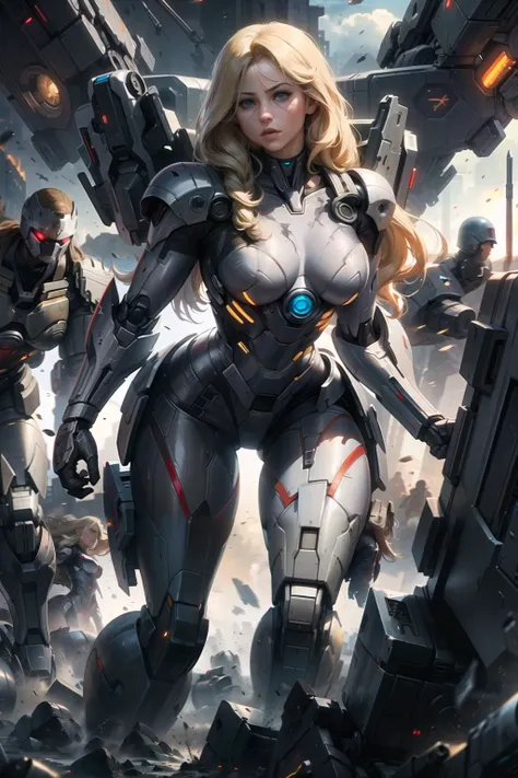 realistic, high quality, (masterpiece: 1.2), extremely read, absurd, solo woman,(mecha suit,) ,(long blonde hair),blue eyes, , extremely design bright and shiny, looking at the viewer,(battlefield:1.3),vertical,8k,4k,<lora:edgMechaSuit:1>