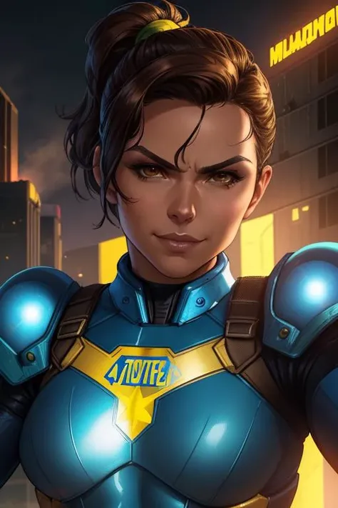 closeup portrait of beautiful 24yo Amata Almodovar from Fallout 3, Vault 101 Overseer, average female physique, blue and gold color latex vaultsuit, sleek short ponytail hairstyle, dark brown hair, (actionhero pose)1.2, perfect face, smirk expression, pov face, dark postapocalyptic city, cinematic lighting