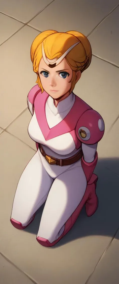 score_9, score_8_up, score_7_up, score_6_up, ((kneeling)), looking at viewer, (from above), (full body), medium breasts, 1girl, solo, anime of prllr, blue eyes, blonde hair, braided bun hair, headpiece, power suit, armor, power suit, armor, belt, boots, <lora:prllr-xl-v1:.9>