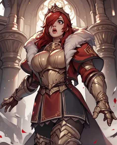 score_9,score_8_up,score_7_up,score_6_up,
hildexl,red hair,lips,hair over one eye,red eyes,mole under mouth,surprised,large breasts,
armor,gauntlets,fur trim,breastplate,thighhighs,red coat,head crown,
european castle,
<lora:HildeSC6XL-10:0.8>,