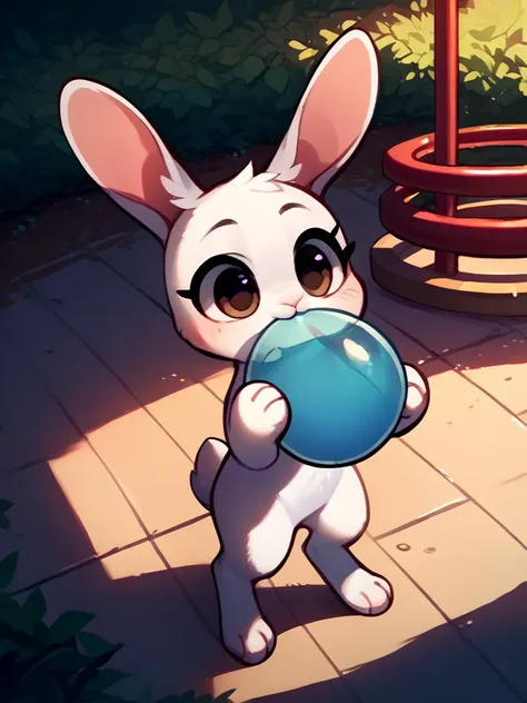 score_9, score_8_up, score_7_up, score_6_up, score_5_up, score_4_up, solo, semi-anthro, feral, rabbit, superbuns, white fur, dynamic angle, blowing up a balloon,  cute, safe, rating_safe, medium balloon, playground, evening <lora:Blowing_Up_a_Balloon:1>  <lora:superbuns-000001:1>