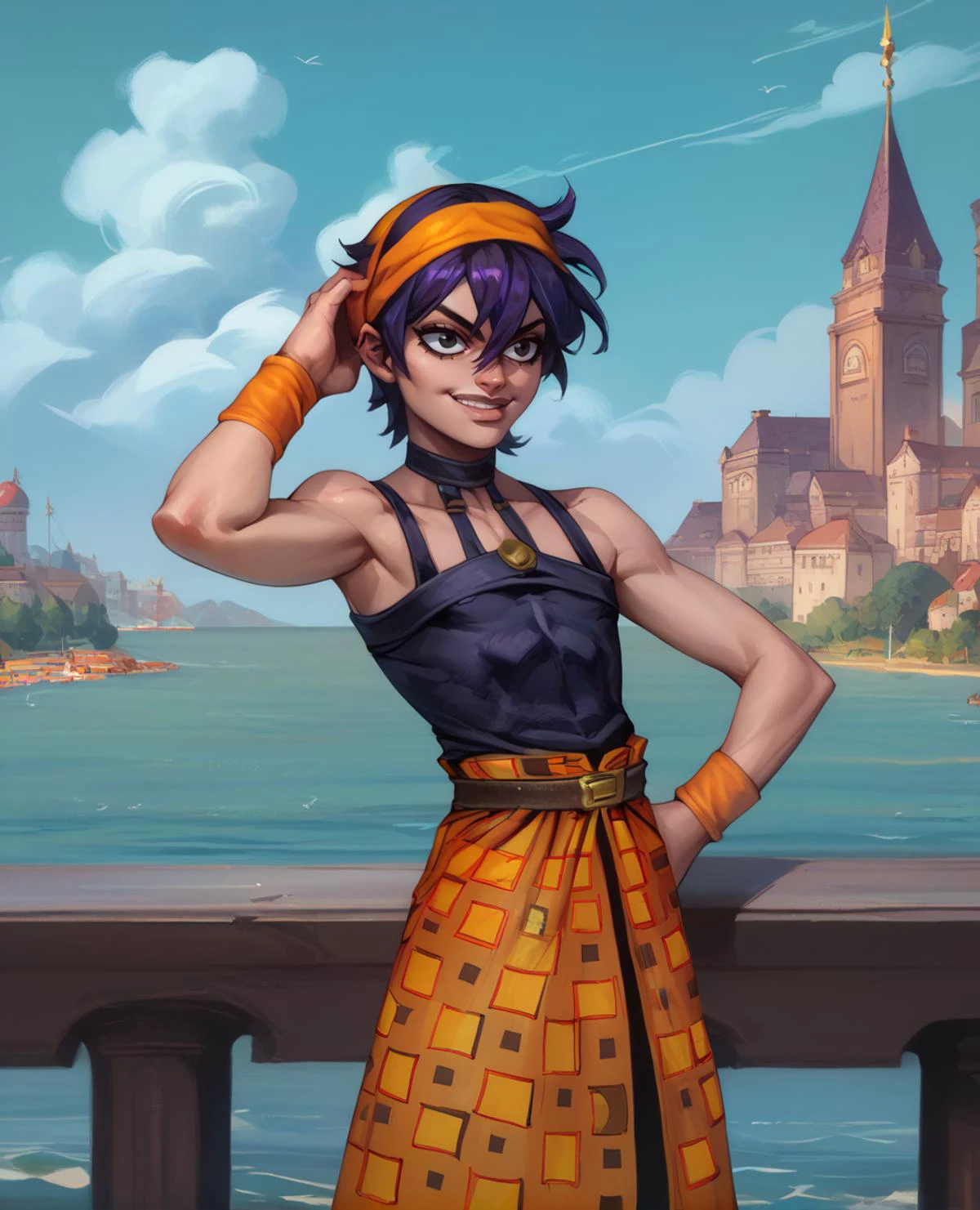 score_9,score_8_up,score_7_up,score_6_up,
naranciaxl,short hair,black eyes,dark purple hair,lips,flat chest,smug, wristband,
black choker,orange headband,black tank top,belt,orange checkered sarong,black pants,
france,cityscape,ocean,
<lora:NaranciaJJEoH:1>,