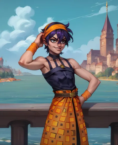 score_9,score_8_up,score_7_up,score_6_up,
naranciaxl,short hair,black eyes,dark purple hair,lips,flat chest,smug, wristband, 
black choker,orange headband,black tank top,belt,orange checkered sarong,black pants,
france,cityscape,ocean,
<lora:NaranciaJJEoH:1>,