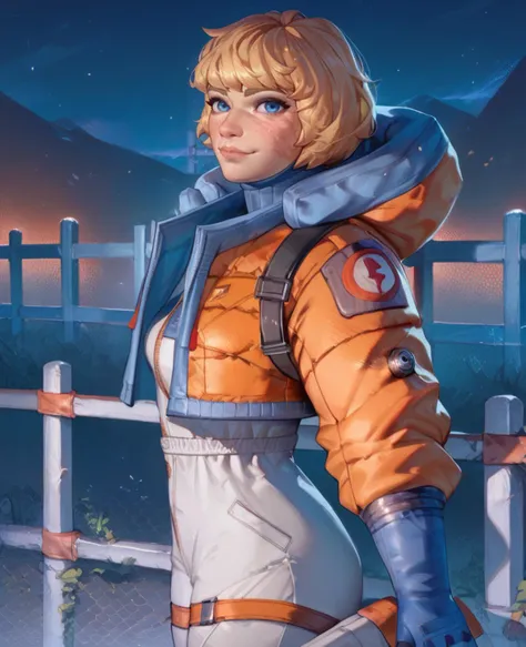 score_9,score_8_up,score_7_up,score_6_up,
wattsonxl,bangs,blue eyes,scar on face,
looking at viewer,
turtleneck,white Jumpsuit,orange jacket,boots,
from side,skindentation,
night,light smile,
electric fence,scien fiction,<lora:wattson:1>,