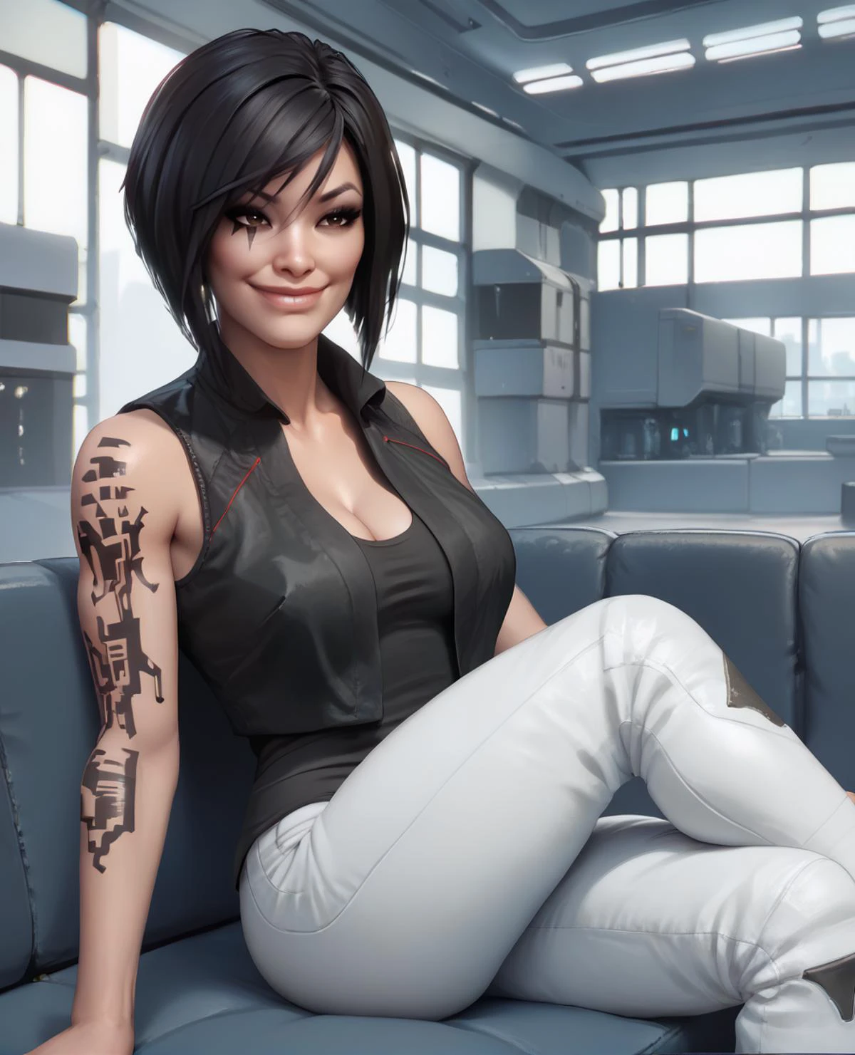 score_9,score_8_up,score_7_up,score_6_up,
Faith,brown eyes,black hair,short hair,
right arm tattoo,eye mark,white pants ,
black shirt,vest,sleeveless,
smile, cleavage, smug,
sitting,on couch,
science fiction,indoors,white room,
<lora:FaithConnorsXL-12:0.8>,