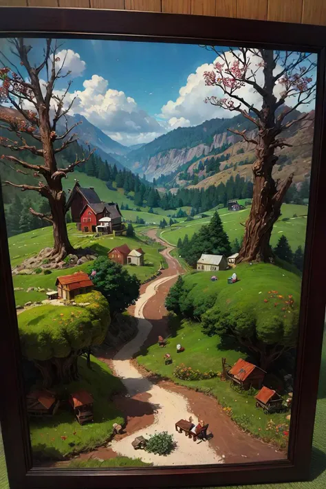 there is a picture of a picture of a farm and trees, diorama picture, large diorama, in picturesque forest diorama, wool felting art, diorama, diorama model, 3d flat layered paper shadow box, inspired by grandma moses, needle felting art, scenery art detailed, diorama macro photography, 3 d virtual landscape painting, (insanely detailed, beautiful detailed face, masterpiece, best quality),