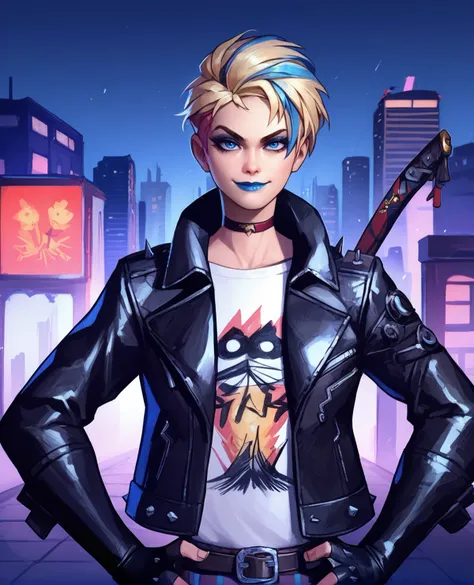 score_9,score_8_up,score_7_up,score_6_up,violaxl,blue eyes,short hair,two-tone hair,blue lipstick,eyeshadow,leather jacket,plaid pants,white shirt,jewelry,fingerless gloves,belt,choker,weapon on back,standing,upper body,city,evening,solo,<lora:violaxl:1>,smug,hands in hips,