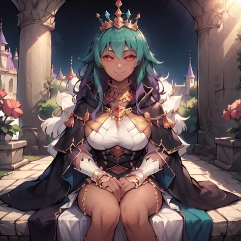 score_9, score_8_up, score_7_up, score_6_up, (intense and brilliant colors), source anime, (dark skin), (royalty), (((queen))), <lora:rikuguma:1> , (rikuguma), breasts, extremely detailed, dynamic lighting, best quality, red eyes, breasts, (yandere), smile, black cloak, black robe, midriff, jewelry, closed mouth, long hair, purple hair, gradient hair, green hair, looking at viewer, realistic background, (castles in background), daytime, ((outdoors, outside)), garden, sitting, chair, table, full body,