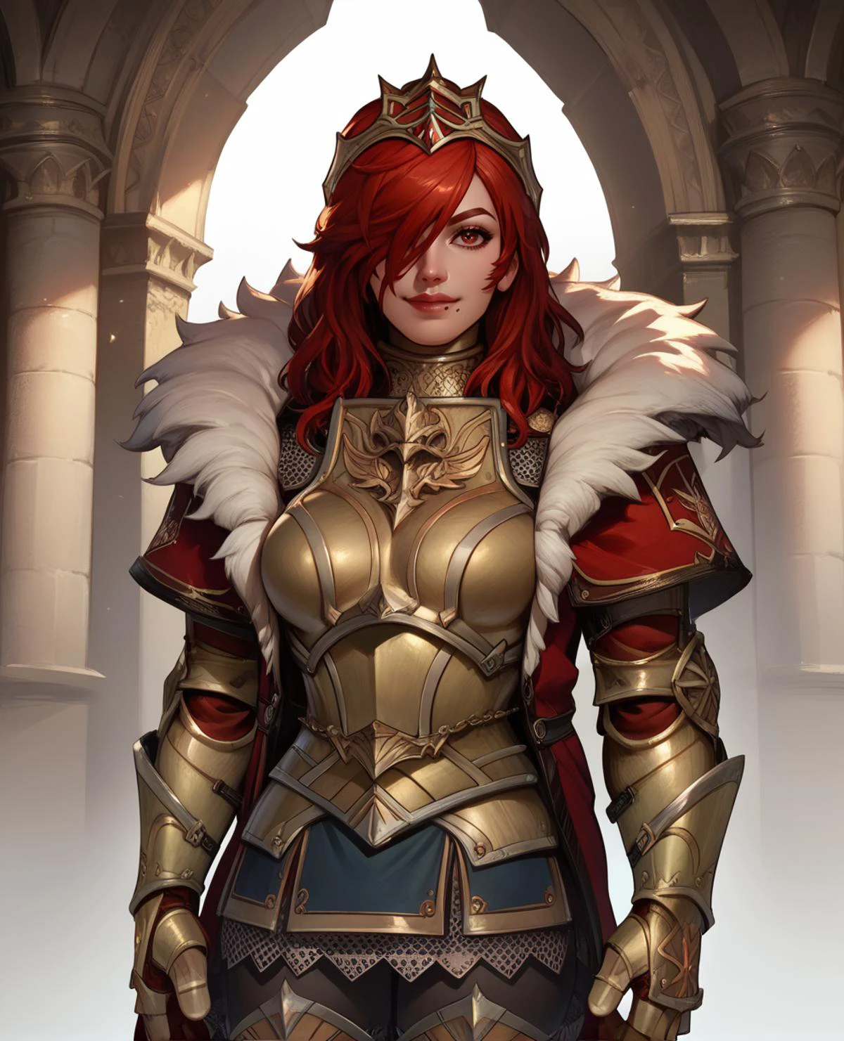 score_9,score_8_up,score_7_up,
hildexl,red hair,lips,hair over one eye,red eyes,mole under mouth,
armor,gauntlets,fur trim,breastplate,thighhighs,red coat,head crown,looking at viewer,light smile,
standing,
european castle,
<lora:HildeSC6XL-10:0.8>,