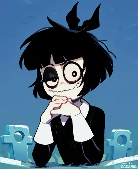 score_9,score_8_up,score_7_up,score_6_up,
susiexl,short hair,bangs,wavy mouth,black eyeliner,black eyes,right eye half closed,left eye open,
black dress,long sleeves,wrist cuffs,black hair ribbon,
looking at viewer,light smile,
cemetery,night,
<lora:SusieB98:1>,