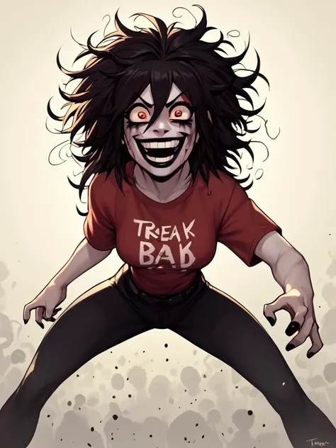 PonyXLV6_Scores, a crazy girl opening her shirt and showing her breasts, big boobs, mad eyes, crazy smile, black lipstick, dark ambient, ((miniskirt)), action shot, red eyeshadow, runny makeup, black messy hair <lora:t0nym0r3XLP:1> t0nym0r3 <lora:shirtspread_SDXL:1> shirtspread, (entire body)
