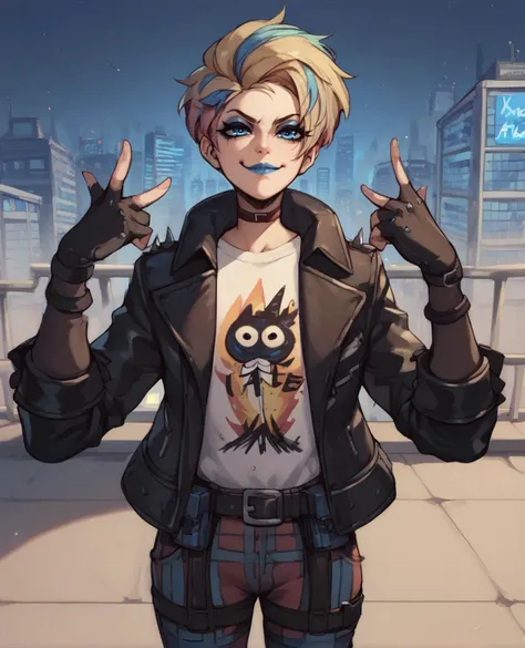 score_9,score_8_up,score_7_up,score_6_up,violaxl,blue eyes,short hair,two-tone hair,blue lipstick,eyeshadow,leather jacket,plaid pants,white shirt,jewelry,fingerless gloves,belt,choker,city,evening,solo,<lora:violaxl:1>,smug,