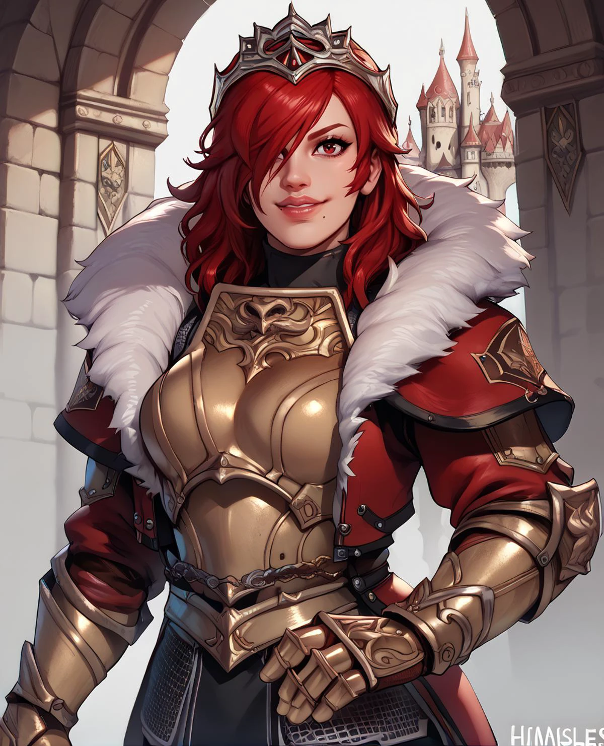 score_9,score_8_up,score_7_up,
hildexl,red hair,lips,hair over one eye,red eyes,mole under mouth, smile,
armor,gauntlets,fur trim,breastplate,thighhighs,red coat,head crown,looking at viewer,
european castle,
<lora:HildeSC6XL-10:0.8>,