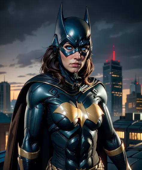 a close up of a woman in a batman costume standing on a roof