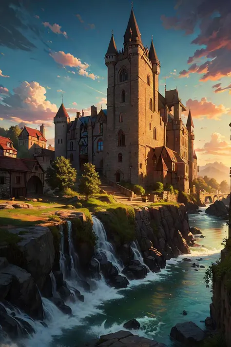 medieval castle, sunshine, valley, river, village, cinematic lighting, (insanely detailed, beautiful detailed face, masterpiece, best quality),