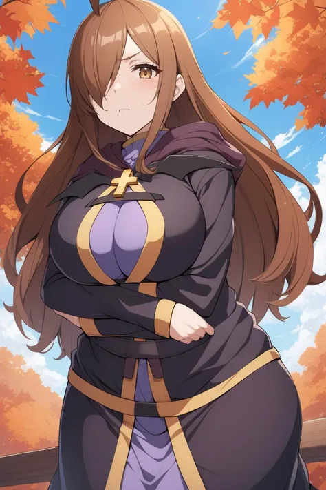 masterpiece, best quality, solo, 1girl, anime coloring <lora:konosuba_wiz_xl-000004:1> kswiz, hair over one eye, ahoge, robe, cross, cowboy shot, scowl, looking at viewer, large breasts, crossed arms, blue sky, autumn