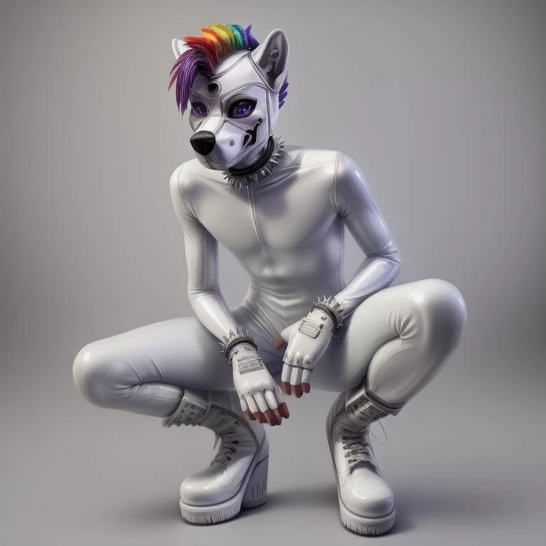 puppernova,all white pup mask,puppy,white puppy mask,white pup hood,skinny,slender,thin,spikey rainbow mohawk,all white latex suit,white boots,white platform boots,buckles,white spike bracelets,white spike collar,shinny white,squeaky,rubber pup,solo:1.5,gloves,1boy,male focus,boots,fingerless gloves,white bodysuit,all white mask,white helmet,white ears,<lora:More_details:1>,<lora:Furtastic_Detailer:1>,anime eyes,two tone blue and purple eye color,<lora:puppernova:0.6>,puppernova pup,(highly detailed:1.4),(detailed face:1.4),skin tight shiny bodysuit,