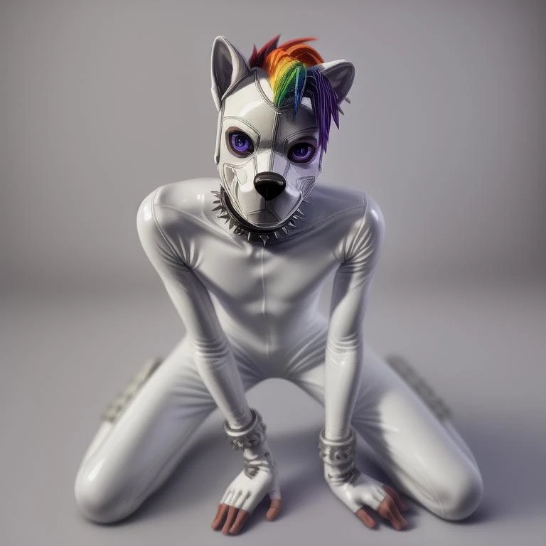 puppernova,all white pup mask,puppy,white puppy mask,white pup hood,skinny,slender,thin,spikey rainbow mohawk,all white latex suit,white boots,white platform boots,buckles,white spike bracelets,white spike collar,shinny white,squeaky,rubber pup,solo:1.5,gloves,1boy,male focus,boots,fingerless gloves,white bodysuit,all white mask,white helmet,white ears,<lora:More_details:1>,<lora:Furtastic_Detailer:1>,anime eyes,two tone blue and purple eye color,<lora:puppernova:0.6>,puppernova pup,(highly detailed:1.4),(detailed face:1.4),skin tight shiny bodysuit,on hands and knees,on all fours,
Random view point,