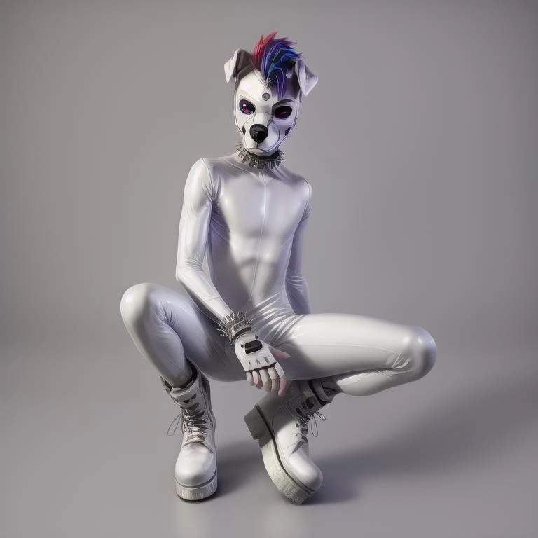 puppernova,all white pup mask,puppy,white puppy mask,white pup hood,skinny,slender,thin,spikey rainbow mohawk,all white latex suit,white boots,white platform boots,buckles,white spike bracelets,white spike collar,shinny white,squeaky,rubber pup,solo:1.5,gloves,1boy,male focus,boots,fingerless gloves,white bodysuit,all white mask,white helmet,white ears,<lora:More_details:1>,<lora:Furtastic_Detailer:1>,sexy pose,anime eyes,two tone blue and purple eye color,<lora:puppernova:0.6>,puppernova pup,