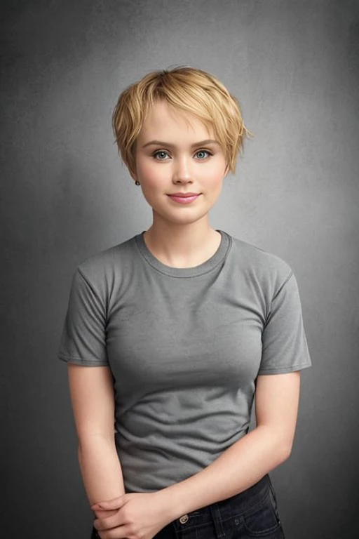 Profile photograph, side on, 3liza2, casual, plain black tee shirt and and jeans sharp focus, studio light, rule of thirds, studio backdrop, relaxed smile, Very Short Blonde hair, fit to image, headroom,