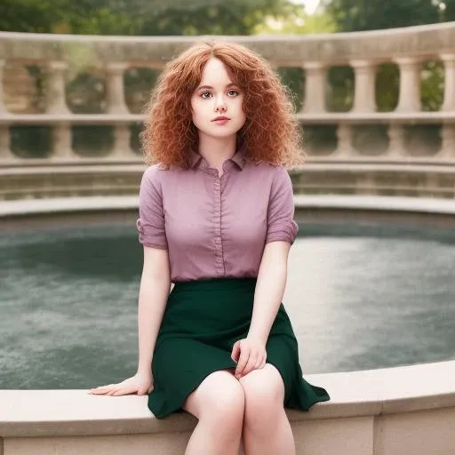 Casual Iphone photo, 3liza2, casual, plain Green shirt and and Black Skirt, sitting in the edge of a fountain in a park, sharp focus, studio light, rule of thirds, studio backdrop, Long curly red hair with ringlets, fit to image, headroom,