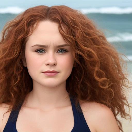 Casual photo, 3liza2, casual, walking along a beach in a swimsuit, sharp focus, studio light, rule of thirds, studio backdrop, Long curly red hair with ringlets, fit to image, headroom,