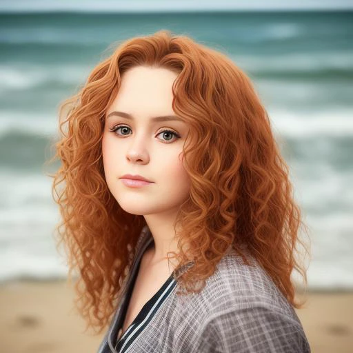 Casual photo, three quarter view, 3liza2, casual, walking along a beach, sharp focus, studio light, rule of thirds, studio backdrop, Long curly red hair with ringlets, fit to image, headroom,