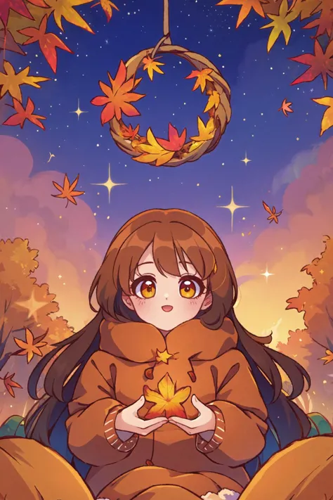 (masterpiece, best quality), 1girl, Cozy Autumn themed Galaxy, flowing, swirling Autumn colors, high contrast, bright stars, Autumn galaxy, fall decor, Autumn elements