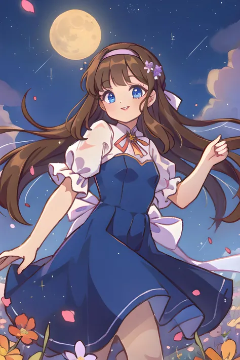 (masterpiece, best quality, highres), 1girl, solo, black hair, very long hair, straight hair, blunt bangs, blue eyes, tall female, small breasts, white headband, from below, crinoline, black neck ribbon, flower, flower field, wind, falling petals, night, night sky, star \(sky\), starry sky, full moon, shooting star, dancing, happy, parted lips, smile