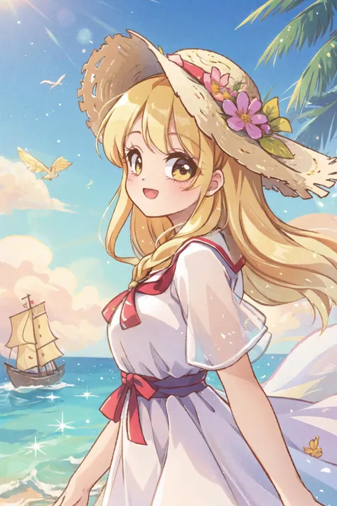 1girl, happy, long blonde hair, large straw hat decorated with flowers, long white dress, upper body, summer, wind, against the background of the sea with a ship