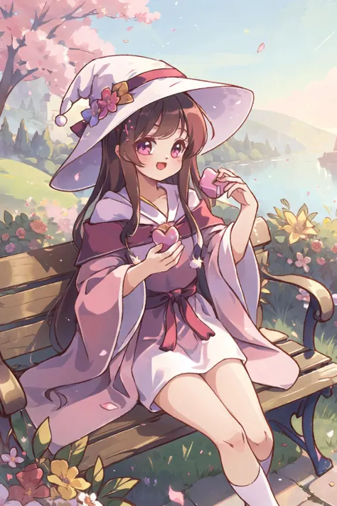 cute girl, long hair, bench, garden, sunlight, tilt head, cute girl, wizard hat, robe, thigh-highs, landscape, scenery, bloom effect, cute girl, wizard hat, robe, valentine, happy, library, bloom effect, light particles, transparent, translucent, bokeh, depth of field