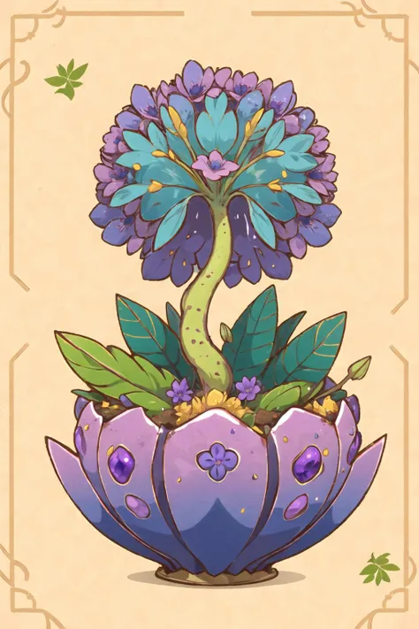 1girl, minuscule nickel yellow taprooted cascading plant, trifoliate basal leaf, dichotomous venation, opposite, lobed leaf margin, powderblue ray floret bracteole flower, salverform, amethyst purple drupe fruit, lacy, fleshy root