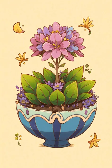1girl, minuscule nickel yellow taprooted cascading plant, trifoliate basal leaf, dichotomous venation, opposite, lobed leaf margin, powderblue ray floret bracteole flower, salverform, amethyst purple drupe fruit, lacy, fleshy root