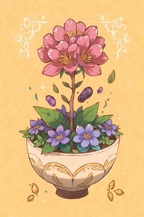 1girl, minuscule nickel yellow taprooted cascading plant, trifoliate basal leaf, dichotomous venation, opposite, lobed leaf margin, powderblue ray floret bracteole flower, salverform, amethyst purple drupe fruit, lacy, fleshy root