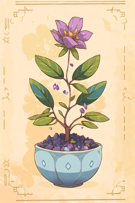1girl, minuscule nickel yellow taprooted cascading plant, trifoliate basal leaf, dichotomous venation, opposite, lobed leaf margin, powderblue ray floret bracteole flower, salverform, amethyst purple drupe fruit, lacy, fleshy root