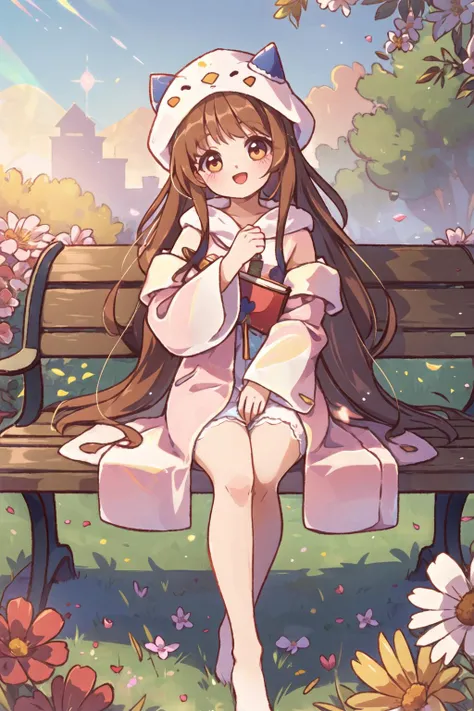 cute girl, long hair, bench, garden, sunlight, tilt head, cute girl, wizard hat, robe, thigh-highs, landscape, scenery, bloom effect, cute girl, wizard hat, robe, valentine, happy, library, bloom effect, light particles, transparent, translucent, bokeh, depth of field