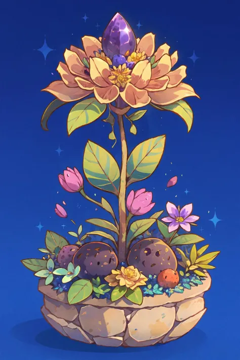 1girl, minuscule nickel yellow taprooted cascading plant, trifoliate basal leaf, dichotomous venation, opposite, lobed leaf margin, powderblue ray floret bracteole flower, salverform, amethyst purple drupe fruit, lacy, fleshy root