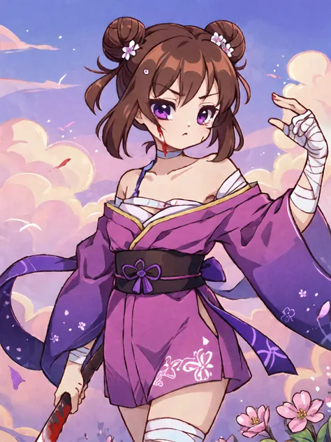 1girl, purple japanese clothes, brown hair, double bun haircut, purple eyes, holding katana sword, abyss, serious, blood, collarbone, bare shoulder, bandages, small breast, upper body, dynamic pose, standing, legs, flowers, clouds