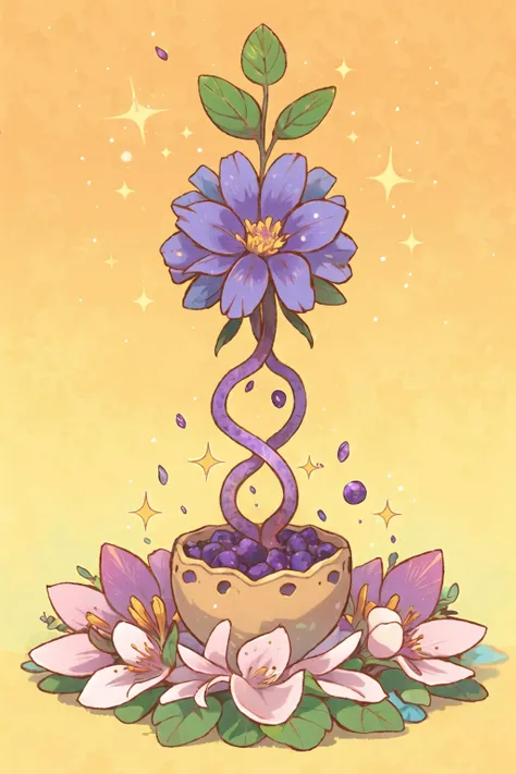 1girl, minuscule nickel yellow taprooted cascading plant, trifoliate basal leaf, dichotomous venation, opposite, lobed leaf margin, powderblue ray floret bracteole flower, salverform, amethyst purple drupe fruit, lacy, fleshy root