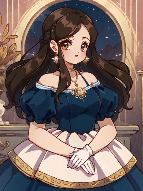 1girl, dark hair collected in a complex hairstyle, hair with ornament, white earrings and necklace, long black gloves, upper body, puffy antique vintage blue dress, nighttime, with a carriage in the background, 18-century