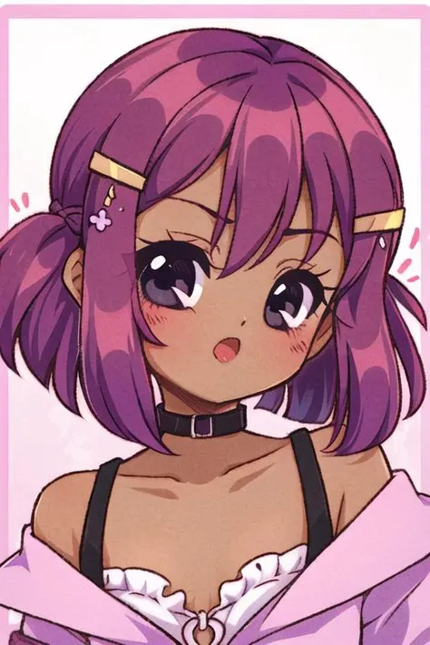 1girl, solo, medium breasts, dark skin, portrait, black eyes, opened mouth, serious,blush, looking at viewer, very-long purple hair, twin tail haircut,hair ornament,yokozuwari,collarbone,  detailed  background