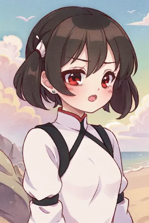 1girl, solo, medium breasts, pale skin, upper body, lyingon sand, red eyes, slightly opened mouth, serious,blush,angled head, looking aside, short black hair, twin tail haircut, clouds, detailed background