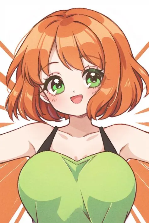 1girl, solo, big breasts, pale skin, portrait, green eyes, opened mouth, smile,blush,angled head, looking at viewer, medium orange hair, bob haircut,spread arms, simple abstract background
