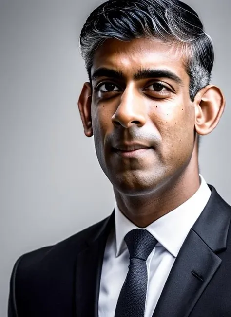 (masterpiece, best quality, awards winner) close up portrait Rishi Sunak dressed in black suit and white shirt, 1 man, photography, trending on artstation, sharp focus, studio photo, intricate details, highly detailed, 8k, hdri, hyperrealisti <lora:sunak:1>