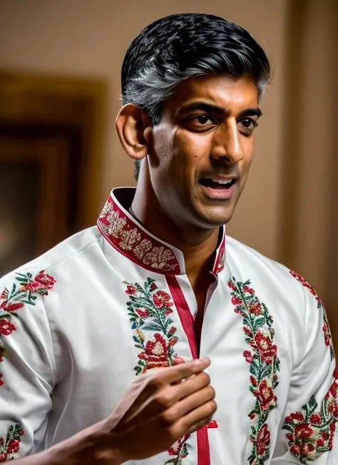 (masterpiece, best quality, awards winner) close up portrait Rishi Sunak wdressed in  embroidered shirt sing song, (floral embroidery, floral print, pointing), 1 man, photography, trending on artstation, sharp focus, studio photo, intricate details, highly detailed, 8k, hdri, hyperrealisti     <lora:edgVyshivanka:0.75>  <lora:sunak:1>