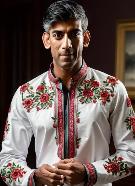 (masterpiece, best quality, awards winner) close up portrait Rishi Sunak wdressed in embroidered shirt sing song, (floral embroidery, floral print, pointing), 1 man, photography, trending on artstation, sharp focus, studio photo, intricate details, highly detailed, 8k, hdri, hyperrealisti <lora:edgVyshivanka:0.75> <lora:sunak:1>