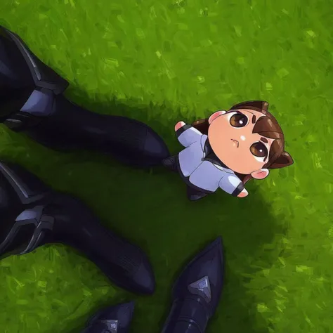 GRASS,1girl,chibi,OUTDOORS,BOOTS,BLACK FOOTWEAR,PANTS,LOOKING UP,LOOKING FROM BELOW