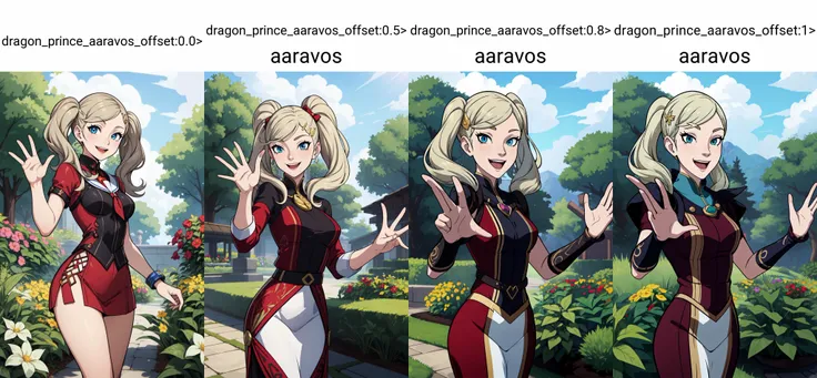 (masterpiece, best quality), intricate details,
1girl, <lora:AnnTakamakiPersona5:0.8> Ann Takamaki (Persona),
<lora:dragon_prince_aaravos_offset:0.0>, garden, waving to camera, smiling, laughing,